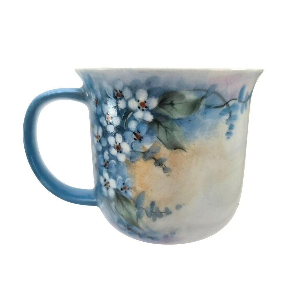Hand-Painted Porcelain Mug With Blue Floral Design & Signed by L. Gould jj3709